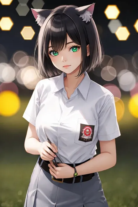 (((Ultra-HD-quality-details))) 1girl, short hair, nekomimi, heterochromia, nekomimi, cewe-sma, white shirt, gray skirt , belt, looking at viewer, nature, ((bokeh)) <lora:cewe-sma:1>