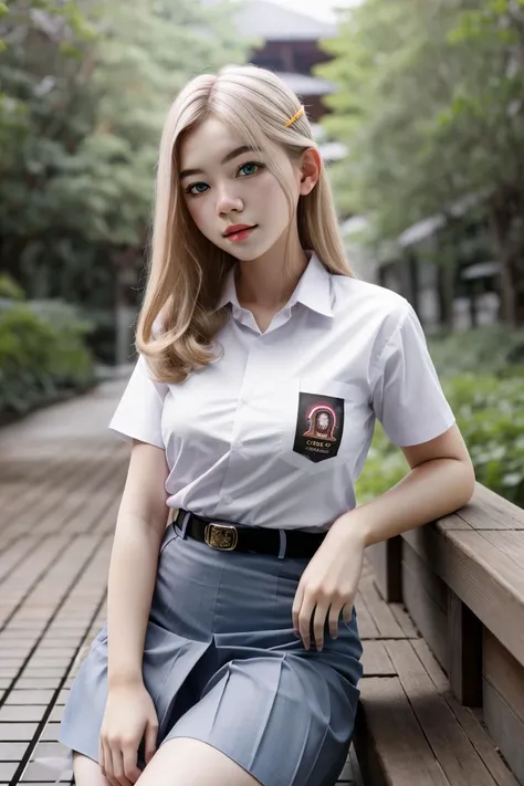 (((Ultra-HD-quality-details)))   1girl, blond, heterochromia, nekomimi, cewe-sma, white shirt, gray skirt , belt, looking at viewer, nature, ((bokeh)) <lora:cewe-sma:1>