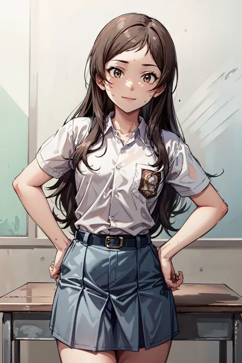 (masterpiece, best quality, ultra detailed), (perfect face, detailed face), (detailed background, complex background:1.2), sweating,
8k,best quality, highres, cowboy shot, looking at viewer, smile, hand on hips,
KitazawaShiho, 1girl, cewe-sma, from fitting, white shirt, gray skirt, belt, thighs, indoors, classroom,  <lora:KitazawaShiho:1> <lora:cewe-sma-2:1>