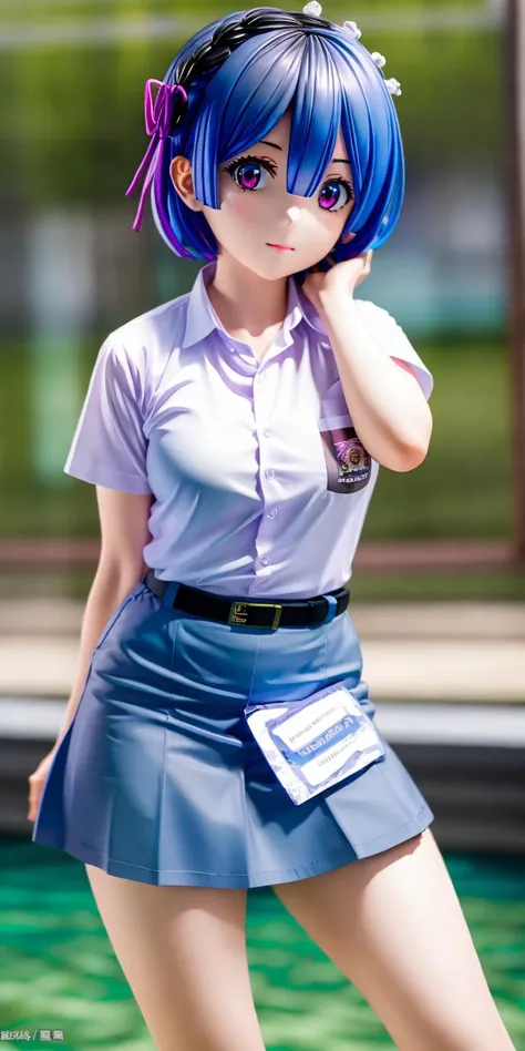 (((Ultra-HD-quality-details))) 1girl, rem\(rezero\), face, cewe-sma, white shirt, gray skirt , belt, class room, looking at viewer, ((bokeh)) <lora:cewe-sma:1>