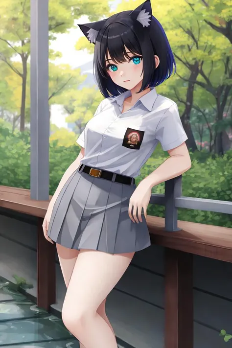 (((Ultra-HD-quality-details))) 1girl, short hair, nekomimi, heterochromia, nekomimi, cewe-sma, white shirt, gray skirt , belt, looking at viewer, nature, ((bokeh)) <lora:cewe-sma:1>