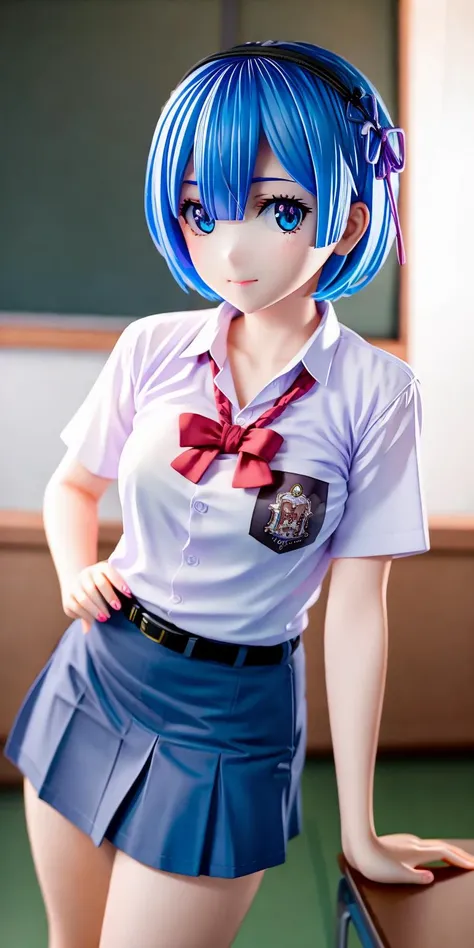 (((Ultra-HD-quality-details))) 1girl, rem\(rezero\), face, cewe-sma, white shirt, gray skirt , belt, class room, looking at viewer, ((bokeh)) <lora:cewe-sma:1>
