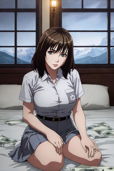 (((epic-Ultra-HD-details, epic-Ultra-HD-highlights, photo-same-realistic, upscaled-resolution))) 1girl, short hair, seductive expression, reed lips, tail, huge breasts, from fitting, cewe-sma, white shirt, gray skirt, belt, looking at viewer, window, mountain view, night, candles, romantic atmosphere, room, bed, (((pile of money))) <lora:cewe-sma:1>