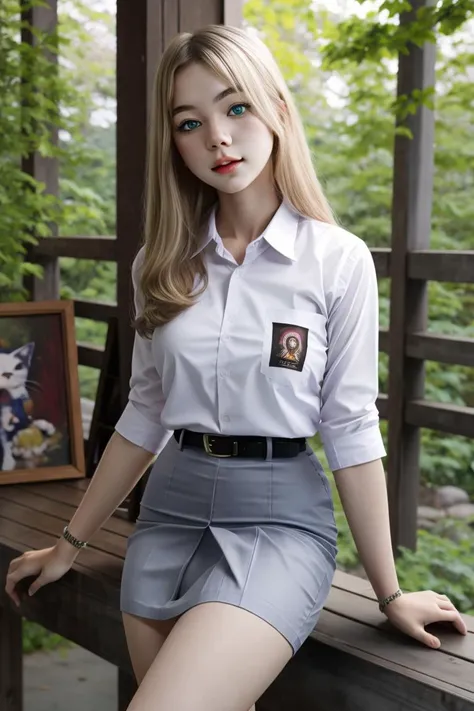 (((Ultra-HD-quality-details)))   1girl, blond, heterochromia, nekomimi, cewe-sma, white shirt, gray skirt , belt, looking at viewer, nature, ((bokeh)) <lora:cewe-sma:1>