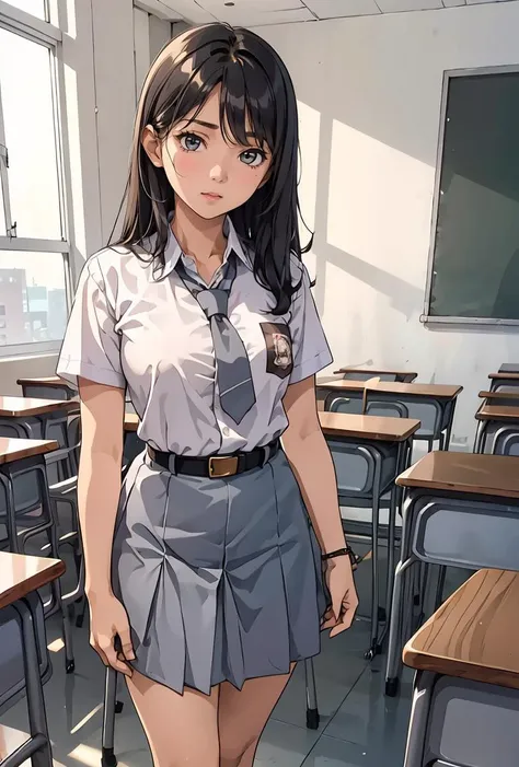 (masterpiece, best quality), 1girl, <lora:cewe-sma:0.8> 1girl, cewe-sma, white shirt, gray skirt , belt, class room