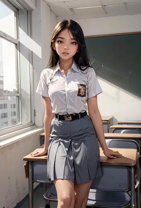 A 14-year-old middle school girl with long black hair wearing a school uniform who lifts up her skirt to reveal white panties.