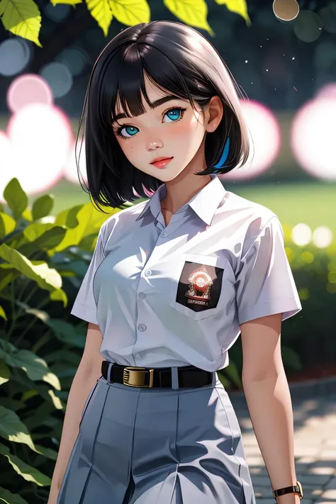 (((Ultra-HD-quality-details))) 1girl, short hair, heterochromia, nekomimi, cewe-sma, white shirt, gray skirt , belt, looking at viewer, nature, ((bokeh)) <lora:cewe-sma:1>
