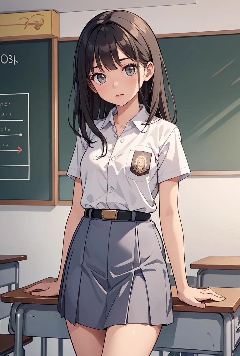 (masterpiece, best quality), 1girl, <lora:cewe-sma:0.8> 1girl, cewe-sma, white shirt, gray skirt , belt, class room