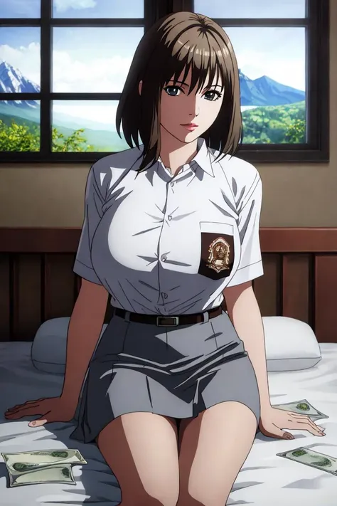 (((epic-Ultra-HD-details, epic-Ultra-HD-highlights, photo-same-realistic, upscaled-resolution)))  1girl, short hair, seductive expression, reed lips,  tail, huge breasts, from fitting, cewe-sma, white shirt, gray skirt, belt, looking at viewer, window, mountain view, night, candles, romantic atmosphere, room, bed, (((pile of money))) <lora:cewe-sma:1>