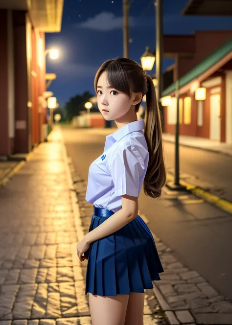 (masterpiece, anime, extremely intricate), (64k Highly detailed RAW color Photo:1.2, photorealistic:-1, ultra high res:1.2),
1 girl, solo, russian teenage, [:(detailed face:1.2):0.2], blonde long hair, looking at viewer,
(wearing mathayom uniform, white shirt short sleeves, navy-blue pleated skirt:2, mathayom shoes), <lora:thaiHighSchool_thaiHighSchool:0.6>,
long shot, standing pose,
night, side road background, night light, warm tone