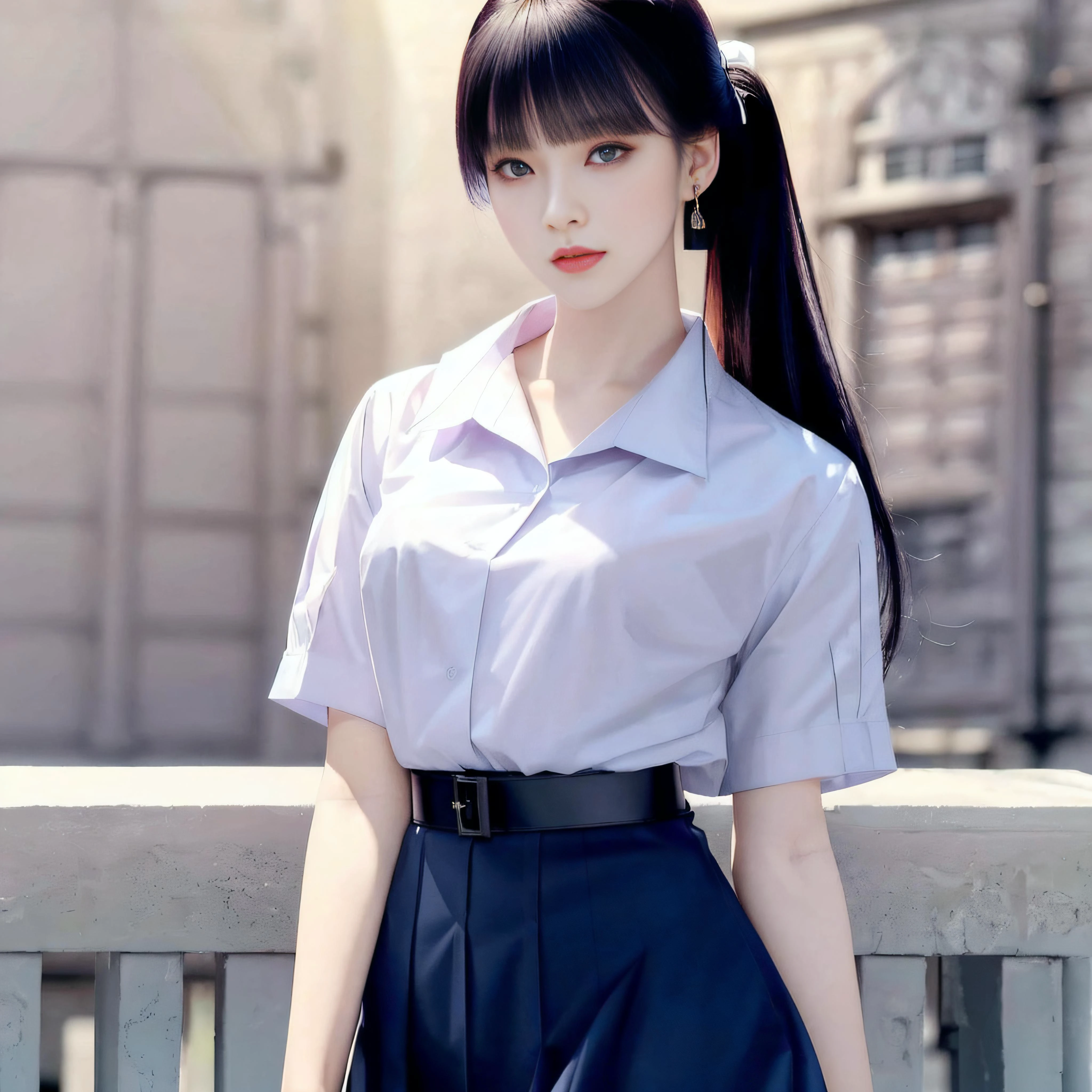 (masterpiece, best quality, 1girl, solo, intricate details, chromatic aberration), (realistic),(skin), ((breath)),(long black hair,blunt bangs),detailed hair, red head ornament, blue highlights, hair over one eye,purple eyes, earrings, sharp eyes,glasses,(mathayom uniform),(white shirt short sleeves),(navy_blue pleated skirt),(long skirt),dynamic angle,standing,dynamic pose,((symmetry eyes)),((perfect symmetrical body)),(pureerosface_v1:0.3), night,(((natural light))),backlighting,against grey wall, dim lighting ,look at viewer,((centered shot, from front,(face and waist))),<lora:koreanDollLikeness_v15:0.2> ,<lora:thaiHighSchool_thaiHighSchool:0.7>
