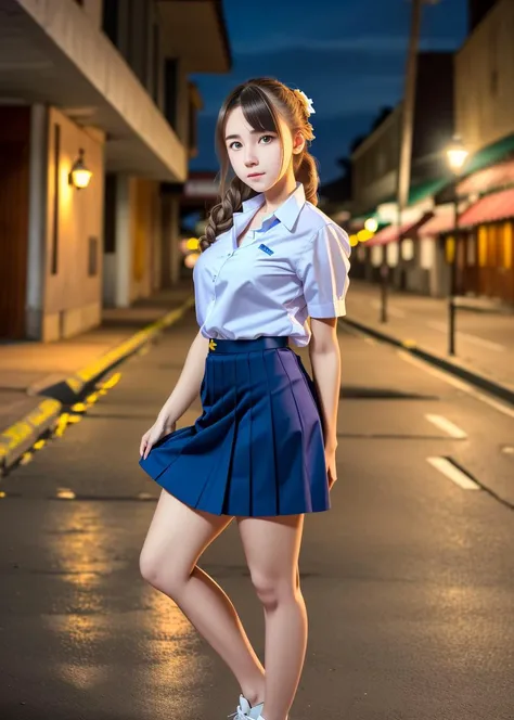 (masterpiece,highest quality,Super high resolution),japanese girl, （very beautiful  girl）,naive girl、(perfect limbs、perfect anatomy),standing on neon street in the middle of the night、Phenomenally cute 、Wearing Japanese school uniform、japanese school uniform、surreal 、dressed like a high school girl、surreal 、wearing a uniform、girl in uniform、wearing a uniform、 Pause、Full body Esbian、nice skin、glowing skin、nice thighs、Shining thighs、shining legs、Black high socks above the knee、Japanese high school 、beautiful skin、Moist eyes、Brown glittery hair、Colors and landscapes of youth、Feeling of love, embarrassing smile, go to school, morning, Sheer, Wet,(lift up the skirt)、(White panties are visible)、超絶に可愛らしい幼い顔の女の子、下から犯す