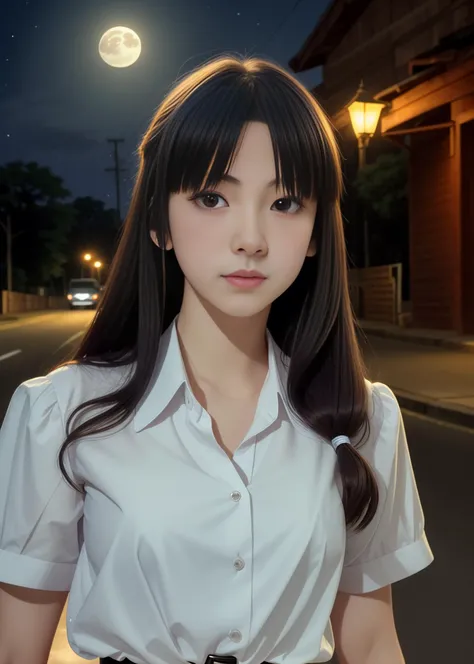 (masterpiece, anime, extremely intricate), (64k Highly detailed RAW color Photo:0.8, photorealistic:-1, ultra high res:1.2),
1 girl, solo, russian teenage, [:(detailed face:1.2):0.2], brown long hair, looking away, 
wearing mathayom uniform, navy-blue pleated skirt, white shirt short sleeves, black belt, shoeless, <lora:thaiHighSchool_thaiHighSchool:0.5>, skinny body,
standing, 
night, road side in background, night light, moon, rim light, 
 <lora:epiNoiseoffset_v2:1.5>