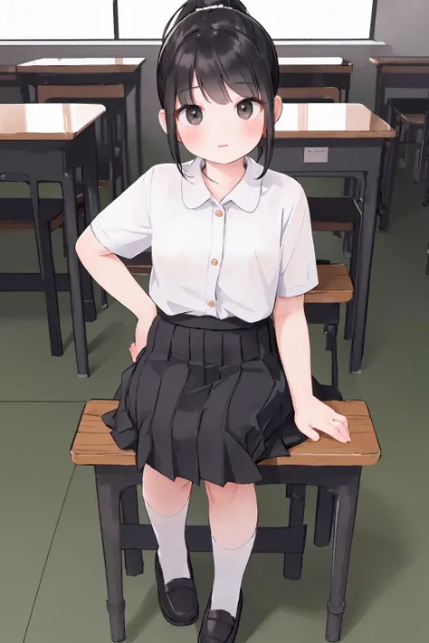 masterpiece, (best quality), 8k, delicate, hyper detail, finely detailed, (detailed skin:1.2).
((beautiful detailed girl)),solo, (mathayom uniform),white shirt short sleeves,(black pleated long skirt:1.2), full body,student,ponytail,sitting, black hair, black eyes, kneesocks
school, in the classroom
<lora:mathayom22:0.7>