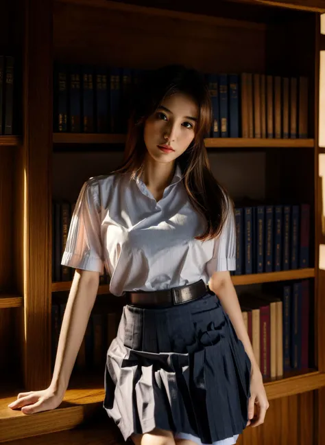 Masterpiece:1.3, best quality:1.2, ultra realistic 8k cg, unreal engine5, HDR, ultra detailed, raw photo, use all your power to imagination, 1girl, Thai, skinny, half upper body shot, BishMjo, huge breast, (mathayom uniform), white shirt short sleeves, (black pleated skirt:1.2),  <lora:mathayom22:1>, dynamic pose, cozy library background, <lora:more_details:1>