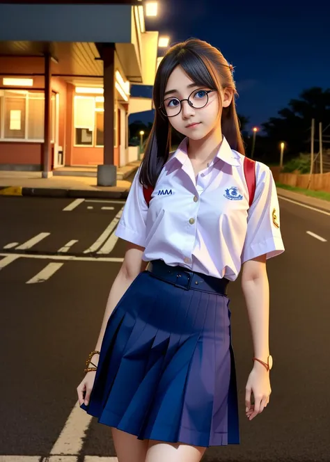 (masterpiece, anime, extremely intricate), (64k Highly detailed RAW color Photo:1.2, photorealistic:-1, ultra high res:1.2),
1 girl, solo, russian teenage, [:(detailed face:1.2):0.2], glasses, blonde long hair, looking at viewer,
(wearing mathayom uniform, white shirt short sleeves, navy-blue pleated skirt:2, mathayom shoes), <lora:thaiHighSchool_thaiHighSchool:0.6>,
long shot, standing pose, front view,
night, road side background, night light, warm tone