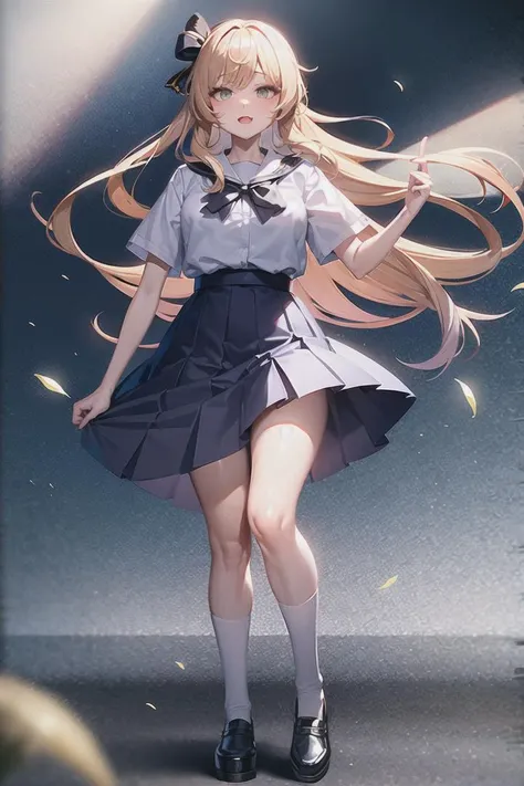 (extremely detailed CG:1.2), (masterpiece:1.2), ,((absurdres)),looking at viewer,((full body)) ,(1girl),solo,(long hair),(mathayom uniform),(white shirt short sleeves),(navy_blue pleated skirt),(long skirt),dynamic angle,standing,dynamic pose,((Delicate facial features)),(black mathayom shoe),white sock,(bowtie worn below) <lora:mathayom_uniform16:0.5>, brown updo hair, yellow eyes