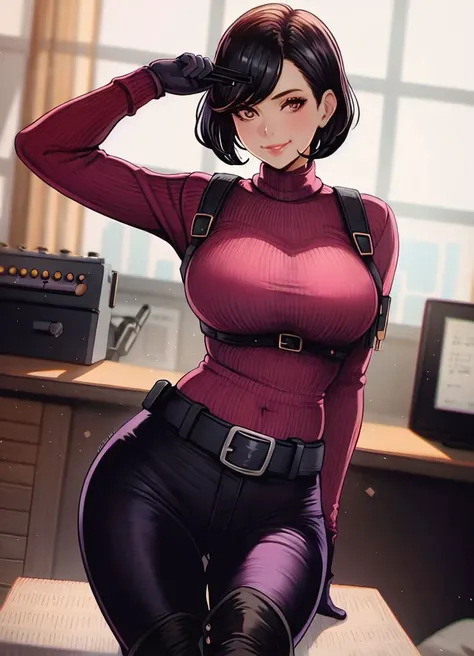 masterpiece, 1girl, Magion_LoVun <lora:Magion_LoVun-61:1> ,indoors, detective office, retro decor, typewriter, solo, looking at viewer, smile, short hair, large breasts, black hair, thighhighs, gloves, holding, brown eyes, weapon, pantyhose, boots, black gloves, belt, pants, arm up, sweater, lips, hand on hip, gun, turtleneck, thigh boots, handgun, ribbed sweater, turtleneck sweater, holster, harness, red sweater, shoulder holster, masterpiece,1girl,