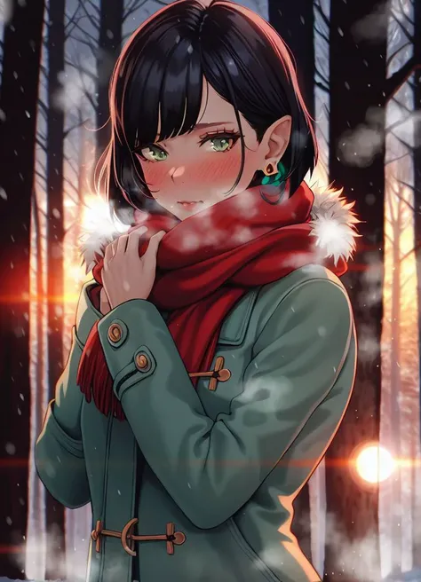 masterpiece, 1girl, Magion_LoVun <lora:Magion_LoVun-61:1> ,solo,(dark skin, dark-skinned female), black hair, green eyes, winter clothes, coat, fur trim, bob cut, earrings, scarf, red nose, steam, winter, snow, snowflakes, red ears,ear blush, cowboy shot, forest, sunset, lens flare,