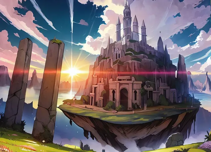 masterpiece, Magion_LoVun <lora:Magion_LoVun-61:1> , scenery, landscape, clouds, blue sky, tower, pillar, sun, from below, grass, stone, ruins, cliff, floating island, floating rocks,