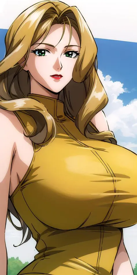 <lora:RexV3:0.7> macross7rex, huge_breasts, standing, solo, yellow_dress, masterpiece, best_quality, detailed_face, detailed_eyes, highres, beautiful, detailed,