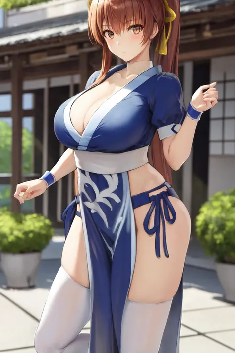 masterpiece, best quality, beautiful art, high resolution, well formed hands, body and fingers, 1 woman, solo, Raiden Shogun, hair ornament,  adult, grown up, big breasted, cleavage,  full body, braided long hair, blue_japanese_clothes, wearing DOA Kasumi's blue kunoichi dress, sexy and skimpy japanese clothes, kimono peek, sleeveless, white stockings, gorgeous legs and thighs,fighting in a combat match, showing her fighting skills, making her guard, about to hit the viewer, looking at the viewer,   sweating, bouncing breasts, smiling joyfully and brightly, being confident and proud, action and fighting scene, fighting cage on beach environment ,fighting in a combat match, showing her fighting skills, making her guard, about to hit the viewer, looking at the viewer,   sweating, bouncing breasts, smiling joyfully and brightly, being confident and proud, action and fighting scene, fighting cage on the beach 