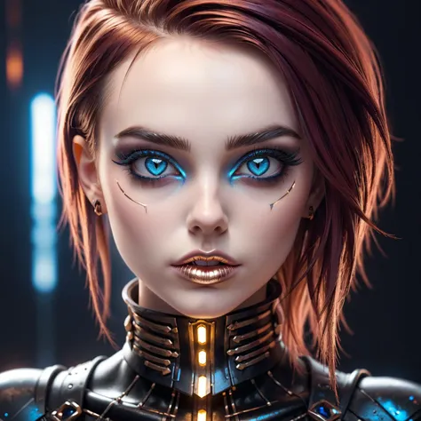 neonpunk style Gothic style beautiful young woman,face close up,Rose Gold lipstick,iridescent trim,Blue eyes, . Dark . cyberpunk