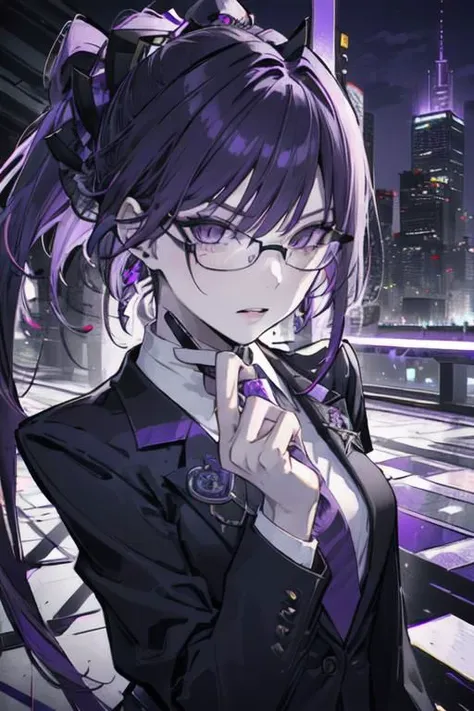 (masterpiece, best quality, perfect face, perfect eyes, detailed face, snake eyes:1.3), woman, snake lady, purple hair, neat hair, ponytail, purple gray eyes, (business suit, black suit, light purple shirt:1.2), purple tie, menacing, glasses, black gloves, (single earring, tassel earring, single tassel, purple tassel:1.2), office, windows, nightscape, night, city lights, skyscrapers, tilted head,