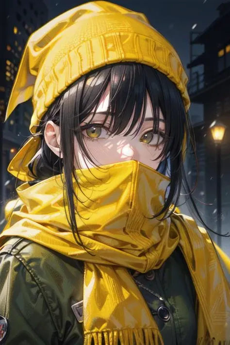 finnish girl,25 years old,(covered face),(covered mouth),(only eyes and nose visible:1.5),(yellow Scarf wrapped around neck and mouth:1.5),(8k, RAW photo, best quality, ultra high res, incredibly absurdres, photorealistic, ultra realistic, masterpiece, hyperdetailed, hdr+),(wide portrait),eyes_focus,(close-up:1.5),(perfect face, healthy skin, high skin detail,skin pores),breathtakingly beautiful woman,gradient winter colors background,braided bangs,very long hair,looking_at_viewer,eye-contact,front view,from_above,in winter,snowing,blurry background,braided ponytail,ponytail,night,street lamp,park,Volumetric Lighting,moody lighting,upper_body,portrait,visible breath,hat,(dark green beanie),dark green winter coat,high collar,bokeh,symmetric eyes,