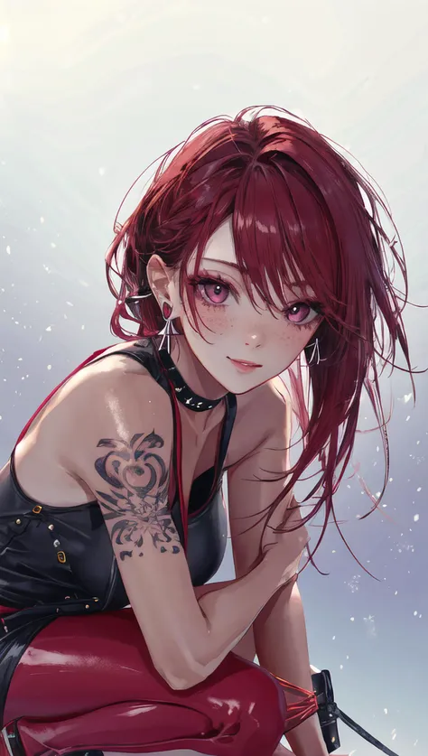 1girl,arm tattoo,bare shoulders,earrings,(freckles:0.8),high heels,jewelry,long hair,looking at viewer,red footwear,shoulder tattoo,solo,tattoo,thighs,(italian:0.3, dutch:0.3, Russian:0.4),breathtakingly beautiful woman,25 years old,(perfect face, healthy skin, high skin detail,skin pores),(<lora:breastsizeslideroffset:-0.2>,natural breasts,medium breasts),narrow hips and slender and glamor body,(italian:0.3, dutch:0.3, Russian:0.4),Volumetric Lighting,Tyndall effect,bilateral symmetry,bokeh,(8k, RAW photo, best quality, ultra high res, incredibly absurdres, photorealistic, ultra realistic, masterpiece, hyperdetailed, hdr+),makeup,lipgloss,light_blush,eyeshadow,long_eyelashes,(establishing shot:1.5),seductive_smile,(gradient background:1.5),tank_top,hot_pants,leather,choker,clothing_cutout,micro_shorts,high heels,neckwear_grab,symmetrical_docking,<lora:NSFWFilter:-0.5>,(crouching halfway up:1.2),medium close-up,looking_at_viewer,eye-contact,gradient,legs_together,