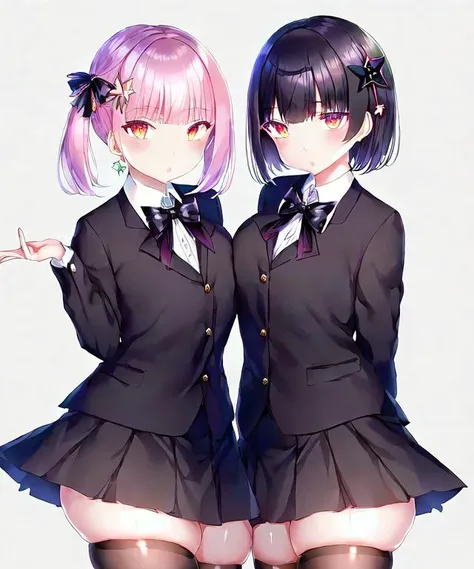 hair flower,star hair ornament,collared shirt,bowtie, short hair,buttons,parted lips,looking at viewer,black ribbon,by ichinomiya yuu,solo,blunt bangs,black flower,hair ribbon,gradient background,star (symbol), skirt, 2girls