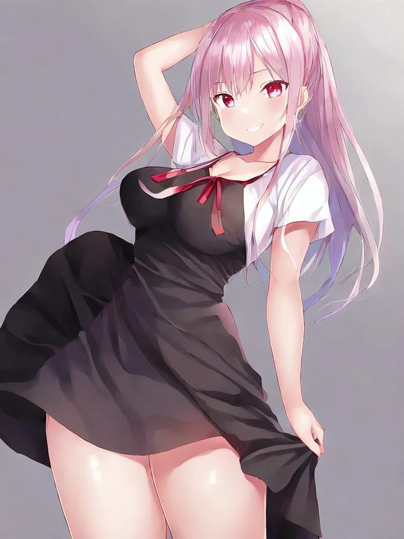 1girl, by ichinomiya yuu, smile, long hair, dark dress, upper body, red pendant, evening, photograph