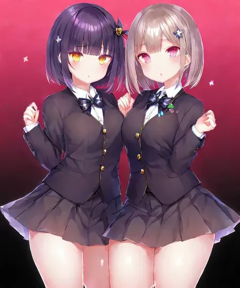 hair flower,star hair ornament,collared shirt,bowtie, short hair,buttons,parted lips,looking at viewer,black ribbon,by ichinomiya yuu,solo,blunt bangs,black flower,hair ribbon,gradient background,star (symbol), skirt, 2girls