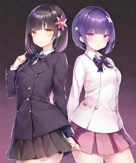 hair flower,star hair ornament,collared shirt,bowtie, short hair,buttons,parted lips,looking at viewer,black ribbon,by ichinomiya yuu,solo,blunt bangs,black flower,hair ribbon,gradient background,star (symbol), skirt, 2girls