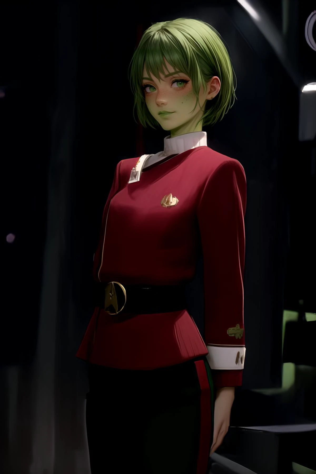 (masterpiece, best quality), (absurdres:1.3), (photorealistic:1.4), Cinematic Lighting, RAW photo of cute idol, (1girl:1.5), solo, (flat chest:1.0), (ultra detailed, ultra realistic, hyper realistic, 8K, ultra highres:1.2), (dynamic pose:1.7), dynamic angle, cowboy shot, bokeh, sharp focus, depth of field, (high detailed skin, detailed skin texture:1.2), lips, slim, slender, detailed eyes, detailed face, smirk, (short girl, petite body:1.5), indoors, on spaceship, window, starry sky,
(arms behind back:1.4), (green skin:1.2), green eyes, (green hair), (very short hair:1.2), (black pants, red top, red sleeves, black belt:1.4)
<lora:add_detail:0.6>, <lora:TWOK_OC:1.1>, twokunf uniform, <lora:ColoredSkin:0.8>, colored skin