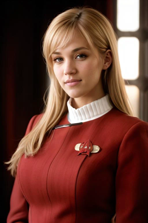 CarrieU, in a ((Red twokunf uniform:1.3)), ((blonde hair)), 8k raw, high res, ultrarealistic, hyperrealistic, soft lighting, good lighting, textured skin, photorealism, high details, DSLR photo, detailed face, detailed hair, skin pores, (looking at viewer), (Real Eyes), (Detailed Eye Corneas), (detailed pupils), ((smiling)), photo lab, elegant, insane details, hyperdetailed, low contrast, epiCRealism, Detailed and realistic photography, intricate and realistic eyes, shot outside, skin texture, soft natural lighting, magical photography, dramatic lighting, ultra-detailed, Kodak 800T, ((SFW)) <lora:TWOK_OC:0.75>