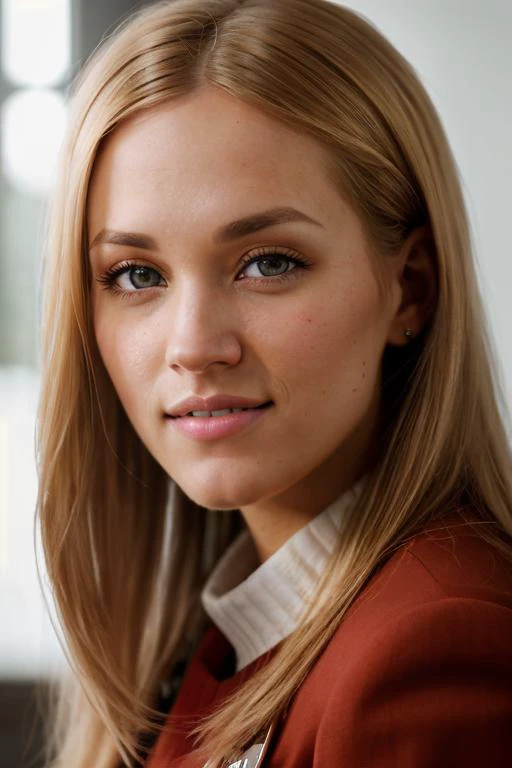 CarrieU, in a ((Red twokunf uniform:1.3)), ((blonde hair)), 8k raw, high res, ultrarealistic, hyperrealistic, soft lighting, good lighting, textured skin, photorealism, high details, DSLR photo, detailed face, detailed hair, skin pores, (looking at viewer), (Real Eyes), (Detailed Eye Corneas), (detailed pupils), ((smiling)), photo lab, elegant, insane details, hyperdetailed, low contrast, epiCRealism, Detailed and realistic photography, intricate and realistic eyes, shot outside, skin texture, soft natural lighting, magical photography, dramatic lighting, ultra-detailed, Kodak 800T, ((SFW)) <lora:TWOK_OC:0.75>