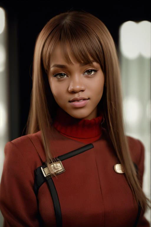 R!hanna, in (red twokunf uniform:1.3), 8k raw, high res, ultrarealistic, hyperrealistic, soft lighting, good lighting, textured skin, photorealism, high details, DSLR photo, detailed face, detailed hair, skin pores, (looking at viewer), (Real Eyes), (Detailed Eye Corneas), (detailed pupils), ((smiling)), photo lab, elegant, insane details, hyperdetailed, low contrast, epiCRealism, Detailed and realistic photography, intricate and realistic eyes, shot outside, skin texture, soft natural lighting, magical photography, dramatic lighting, ultra-detailed, Kodak 800T, ((SFW))  <lora:TWOK_OC:0.75>