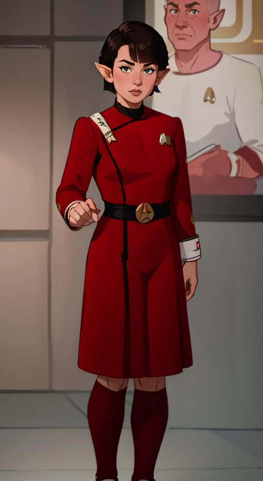 side (bob haircut1:1), vulcan girl, star trek , (twokunf red uniform:1.25), <lora:wotkunfexpV6:1>, pointy ears, white shoulder band
