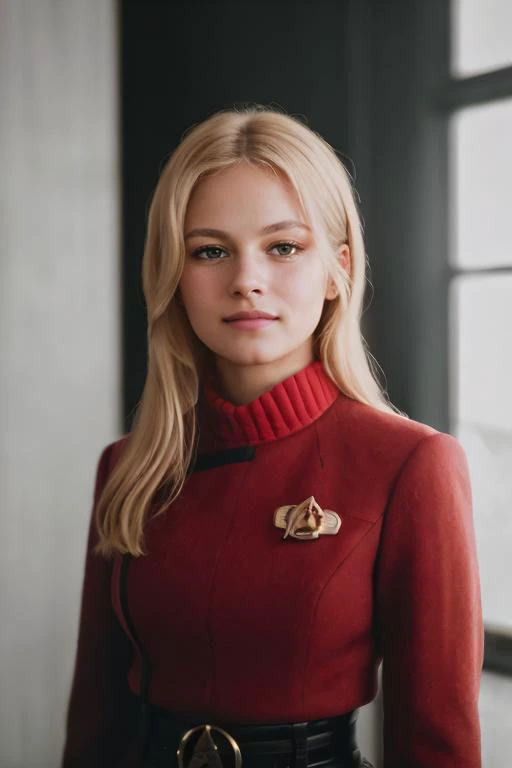 (((2/3 body view))), DarciLynne, in a (((Red twokunf uniform:1.3))), ((blonde hair)), 8k raw, high res, ultrarealistic, hyperrealistic, soft lighting, good lighting, textured skin, photorealism, high details, DSLR photo, detailed face, detailed hair, skin pores, (looking at viewer), (Real Eyes), (Detailed Eye Corneas), (detailed pupils), ((smiling)), photo lab, elegant, insane details, hyperdetailed, low contrast, epiCRealism, Detailed and realistic photography, intricate and realistic eyes, shot outside, skin texture, soft natural lighting, magical photography, dramatic lighting, ultra-detailed, Kodak 800T, ((SFW)) <lora:TWOK_OC:0.75>