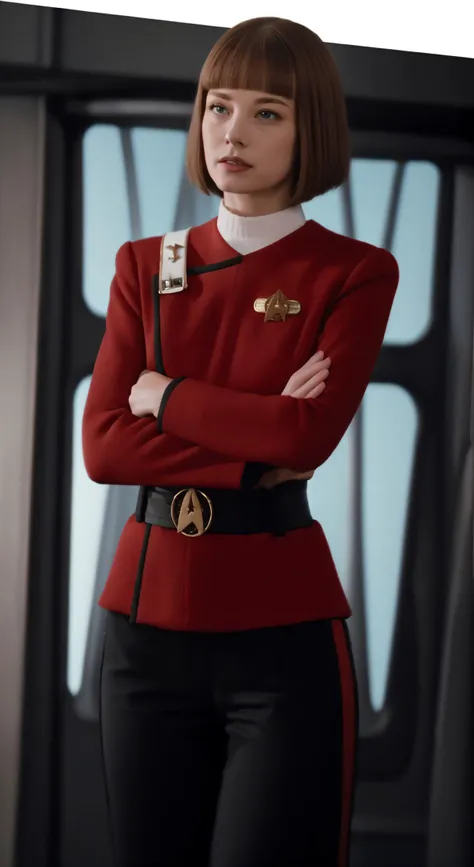 side (bob haircut1:1), vulcan girl, star trek ,  (twokunf red uniform:1.25),black pants <lora:TWOK_OC:1>, pointy ears, white shoulder band