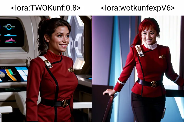full body,young woman with ponytail in twokunf uniform,smiling, on starship, 8k uhd, dslr, soft lighting, high quality, film grain,masterpiece quality,Fujifilm XT3<lora:TWOKunf:0.8>