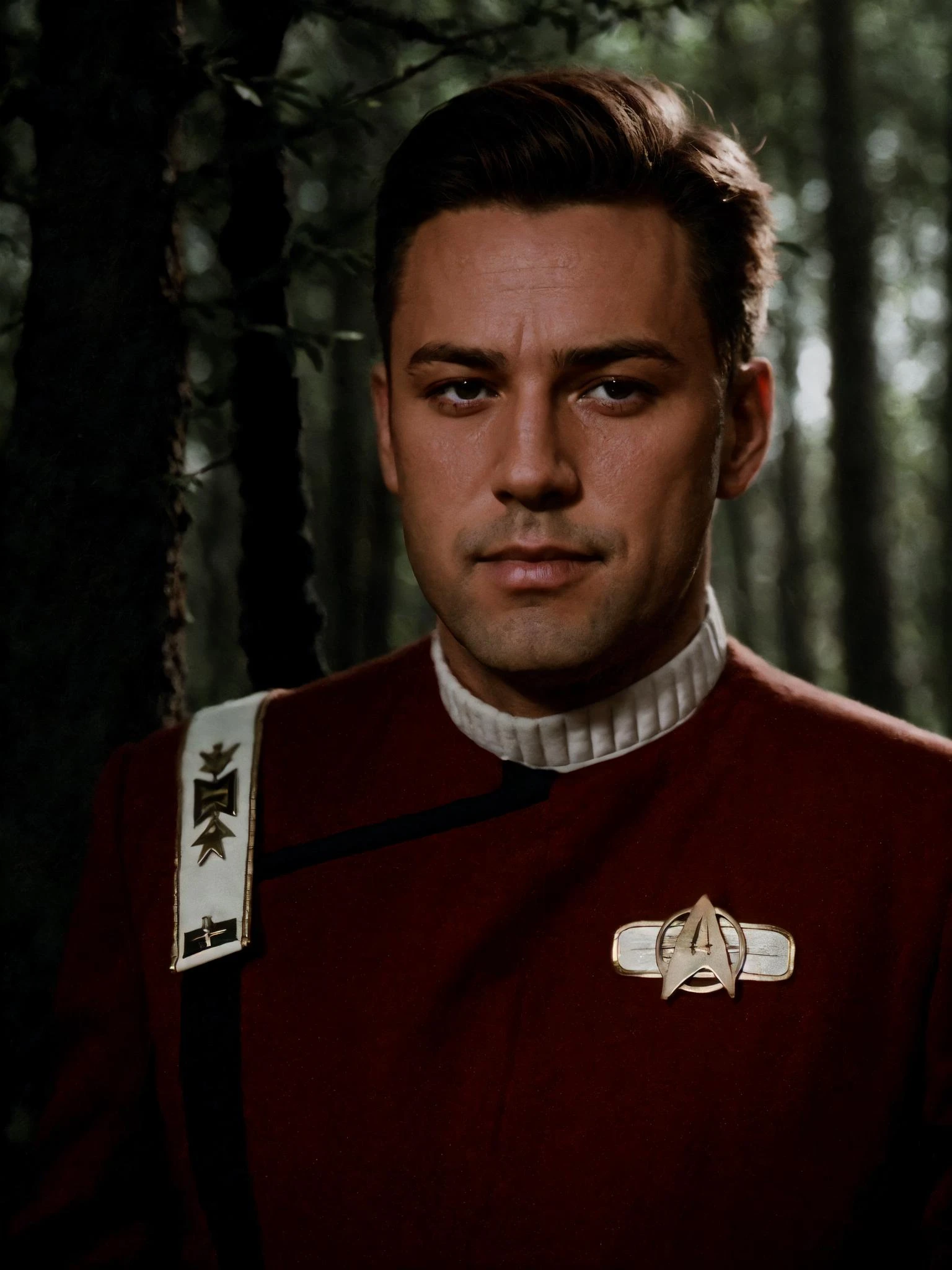 close up photo of a man in twokunf uniform, forest, haze, halation, bloom, dramatic atmosphere, centred, rule of thirds, 200mm 1.4f macro shot <lora:TWOK_OC:0.8>