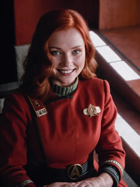 (selfie)+++, RAW photo, (intricate detailed eyes), alone, shot from above, close up portrait, cheeky smile, 30 yo redhead (woman), thicc, sitting,(twokunf red uniform:1.3), (looking at the camera), intricate details, skin imperfections, halo of light, midday sunlight streaks spilling over face, face details, unbelievable intricate details, dark shadows, (dark cathedral), real lighting, bloom, volumetric lighting, cinematic lights (ultra skin texture)<lora:TWOK_OC:0.8>