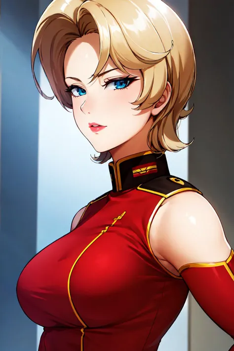 red uniform,military, military uniform, red sleeves,red shirt,bare shoulders,fingerless gloves,
<lora:Lila_Milla_Rira_Z_Gundam-KK77-V1:0.7>,yellow scarf,
blonde hair ,blue eyes,Bangs,lipstick,makeup,short hair,
1 girl, 20yo,Young female,Beautiful Finger,Beautiful long legs,Beautiful body,Beautiful Nose,Beautiful character design, perfect eyes, perfect face,expressive eyes, looking at viewer, in the center of the image,(light_smile:0.5), official art,extremely detailed CG unity 8k wallpaper, perfect lighting,Colorful, Bright_Front_face_Lighting,shiny skin, (masterpiece:1.0),(best_quality:1.0), ultra high res,4K,ultra-detailed, photography, 8K, HDR, highres, absurdres:1.2, Kodak portra 400, film grain, blurry background, bokeh:1.2, lens flare, (vibrant_color:1.2) (Beautiful,large_Breasts:1.0), (beautiful_face:1.5),(narrow_waist)