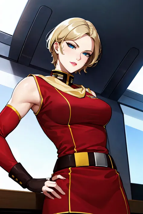 red uniform,military, military uniform, red sleeves,red shirt,bare shoulders,fingerless gloves,
<lora:Lila_Milla_Rira_Z_Gundam-KK77-V1:0.7>,yellow scarf,
blonde hair ,blue eyes,Bangs,lipstick,makeup,short hair,
1 girl, 20yo,Young female,Beautiful Finger,Beautiful long legs,Beautiful body,Beautiful Nose,Beautiful character design, perfect eyes, perfect face,expressive eyes, looking at viewer, in the center of the image,(light_smile:0.5), official art,extremely detailed CG unity 8k wallpaper, perfect lighting,Colorful, Bright_Front_face_Lighting,shiny skin, (masterpiece:1.0),(best_quality:1.0), ultra high res,4K,ultra-detailed, photography, 8K, HDR, highres, absurdres:1.2, Kodak portra 400, film grain, blurry background, bokeh:1.2, lens flare, (vibrant_color:1.2) (Beautiful,large_Breasts:1.0), (beautiful_face:1.5),(narrow_waist)