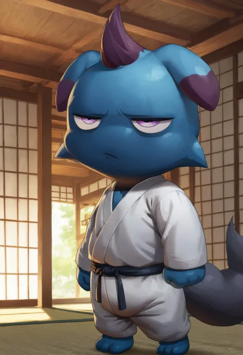 score_9, score_8_up, score_7_up, best quality, highres, detailed background, dojo BREAK <lora:Depresso:1> depresso, blue body, purple eyes, looking aside, eye bags, tired, bored, white judo gi, black judo belt