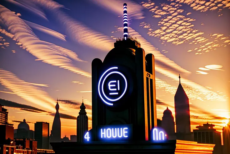 a clock tower with a neon sign on top of it , outdoors, sky, cloud, no humans, cloudy sky, building, scenery, science fiction, sunset, city, cityscape, skyscraper