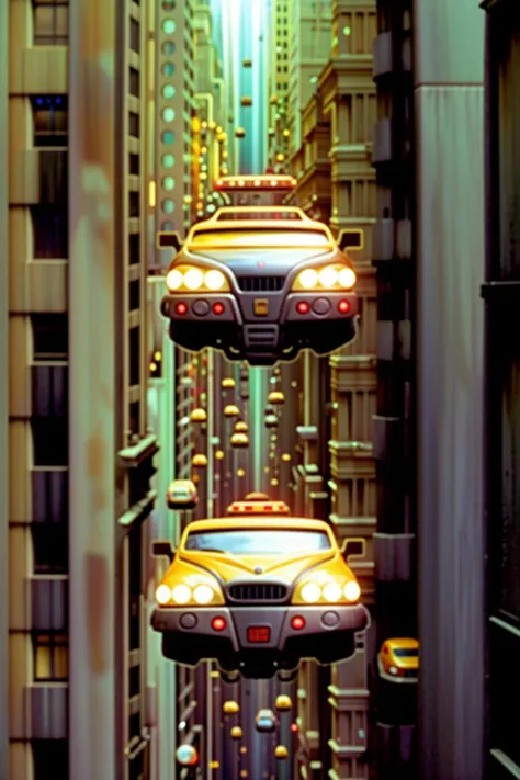 a yellow taxi cab flying over a city , outdoors, no humans, window, ground vehicle, building, scenery, motor vehicle, reflection, motion blur, car, road, vehicle focus , 5th_element