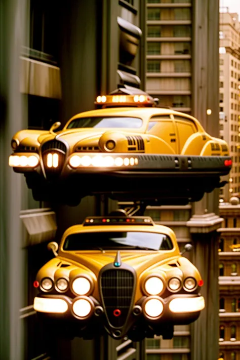 a yellow taxi car flying through the air , 5th_element